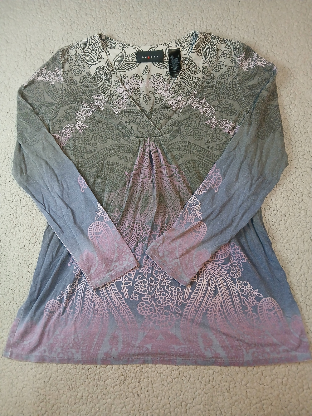 Axcess Womens Babydoll Top Size L Long-Sleeve Gray Purple